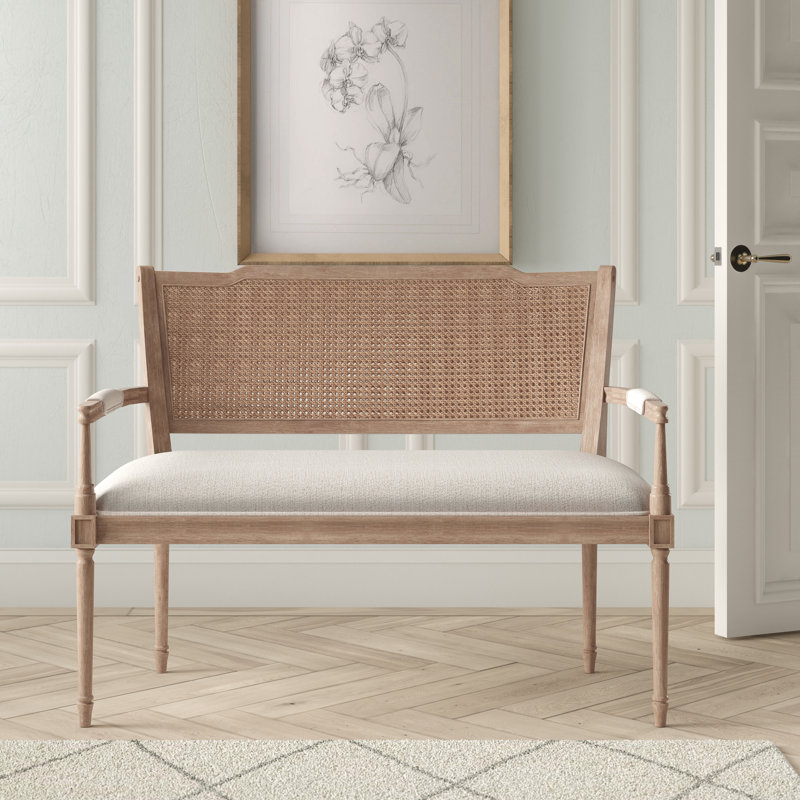 Beige Faux Leather Chesterfield Settee with Rattan Backrest