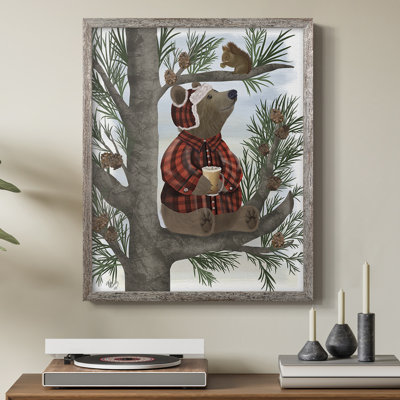 «Lumberjack Bear Pine Tree Coffee Break», reproduction encadrée - bois massif