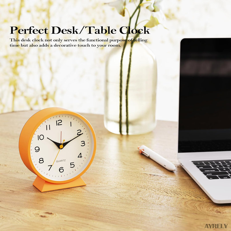 4.5" Analogue Alarm Clock,Small Retro Desk Clock Battery Operated,Slient Metal Table Clock With Light (Orange)