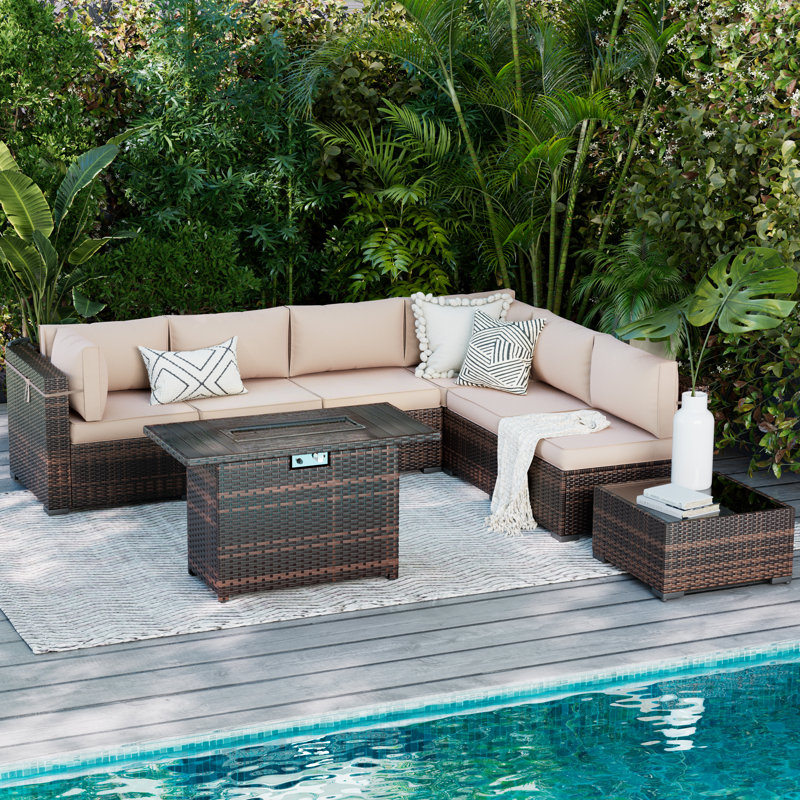 Ensemble de terrasses 8 pièces avec foyer Benboe, Structure brune / coussin kaki