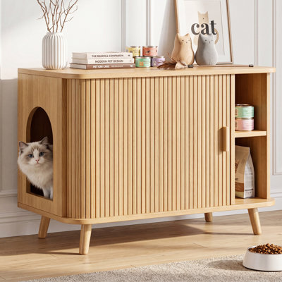 Oak Finish Hidden Cat Litter Cabinet With Storage & Multipurpose Side Table