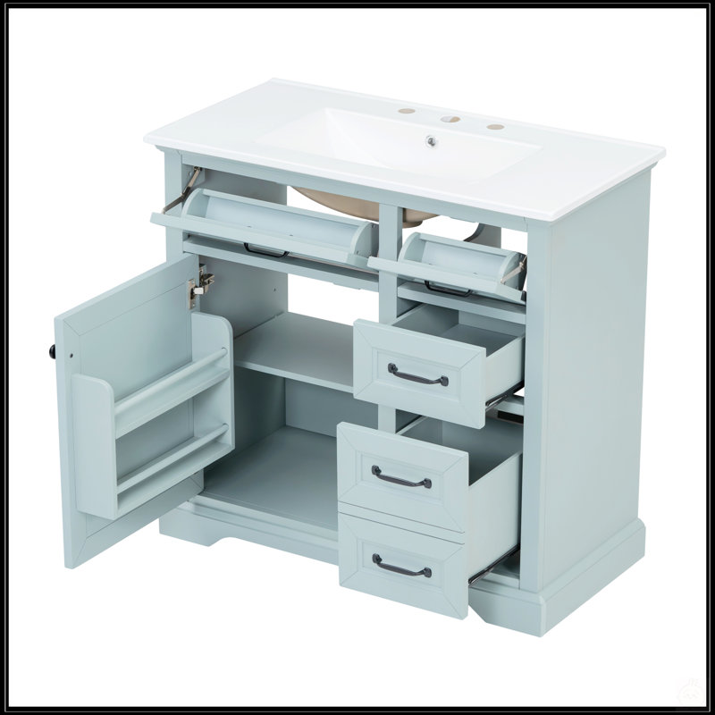 Meuble-lavabo de 36 pouces avec lavabo en céramique, charnières à fermeture en douceur et solutions de rangement multiples pour les salles de bain modernes.