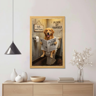 Dog Reading Newspaper On Toilet Canvas Wrapped Wall Art Oil Painting Print Humor And Fun Decor For Bathroom Or Living Room