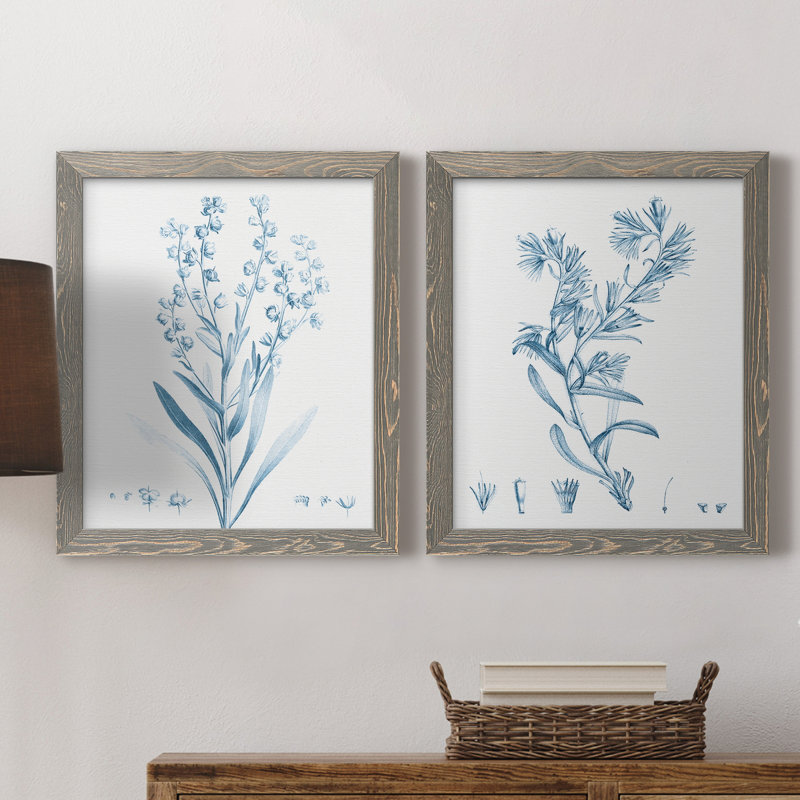 Antique Botanical In Blue I - ensemble de 2 peintures sur toile encadrées, H 20 po x l 17 po x P 1 po, Toile avec cadre gris