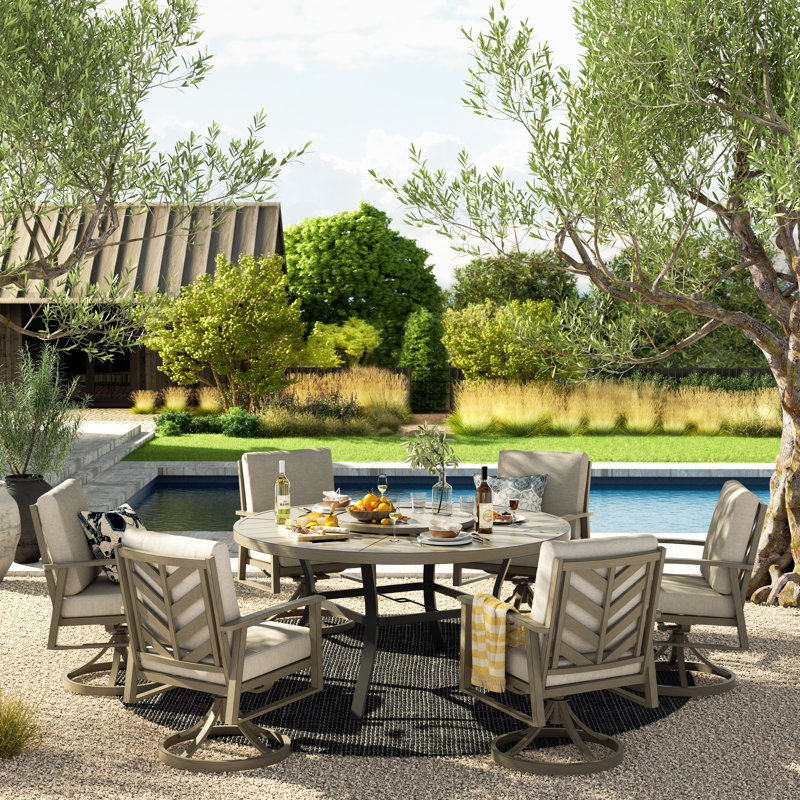  Amario Patio 6 Person Aluminum Round Dining Set With Lazy Suan, Umbrella Hole And Sunbrella® Cushions