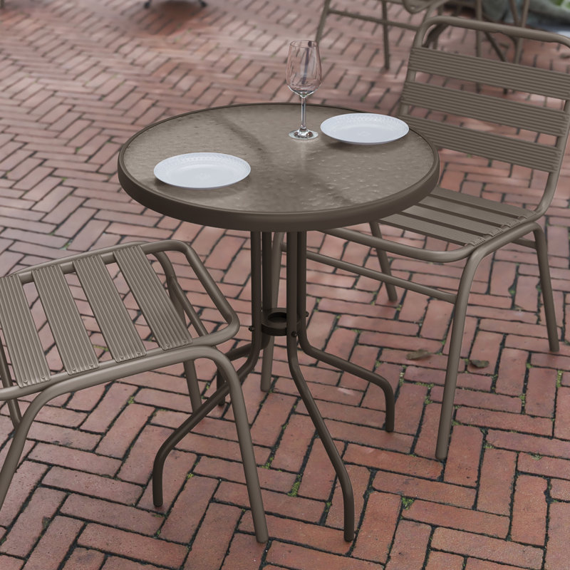 Amlie 23.75" Round Tempered Glass Metal Table with Smooth Ripple Design Top, Clear/Bronze
