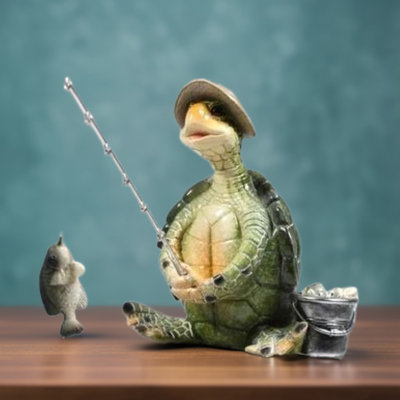 6.5"W Green Sea Turtle Fishing with Hat Figurine