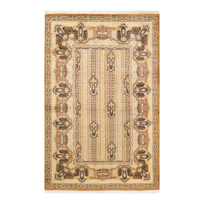 Tapis jaune / brun / beige en laine noué à la main de conception unique 4 pi 8 po x 7 pi 2 po New Age