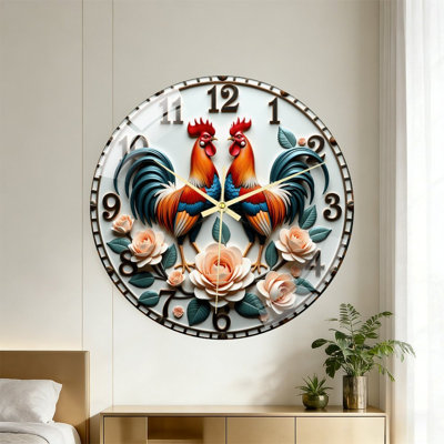 Horloge murale coq roses