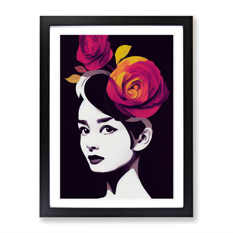 Argaki Floral Woman - Wall Art, 46cm H x 34cm W x 2cm D, Walnut Framed Paper, White