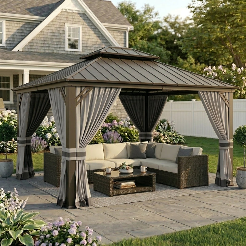 12' X 14' Outdoor Hardtop Gazebo With Galvanized Steel Roof, Gray Curtains And Mosquito Netting
