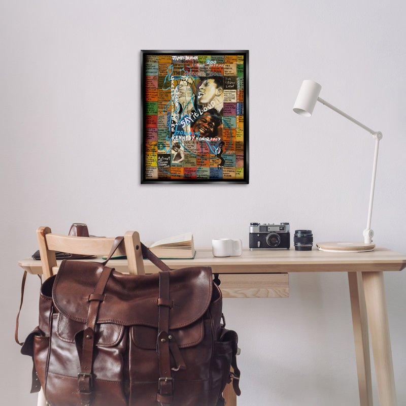 «James Brown Collage» par Sabin, H 31 po x l 25 po, Cadre flottant gris lustré