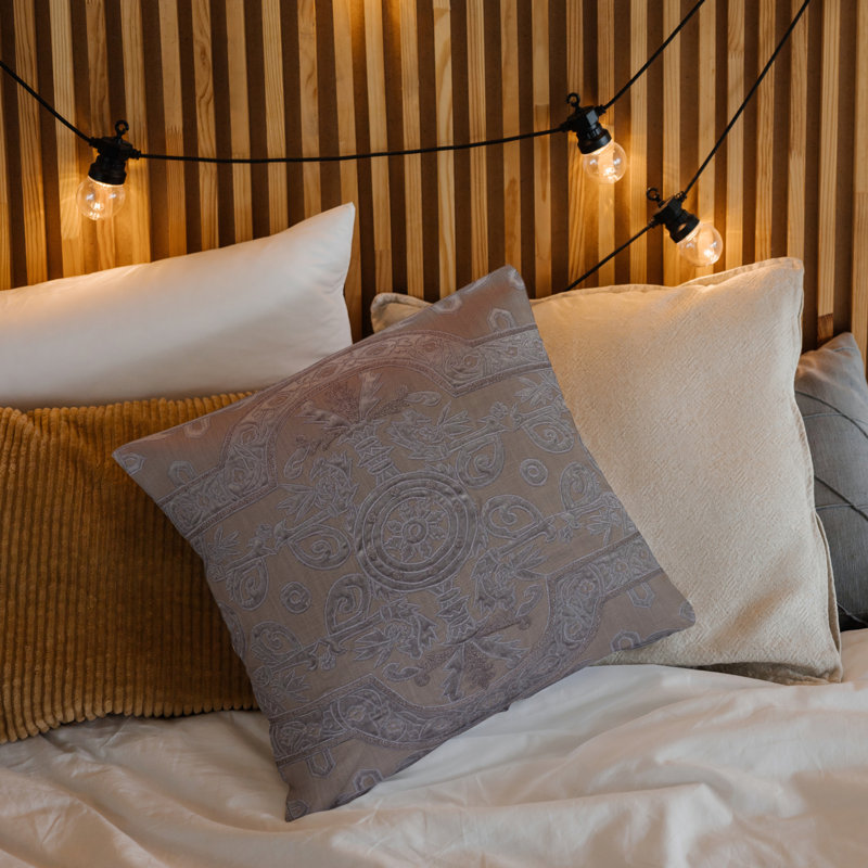 Square Brown and Cream Velvet Applique Embroidered Linen Pillow