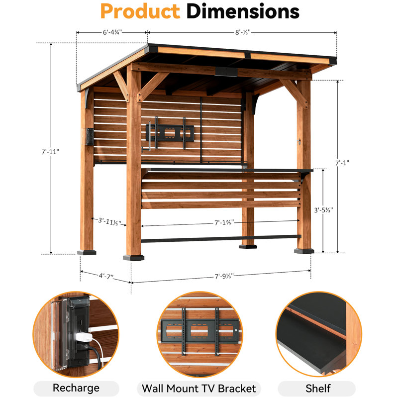 Aura 6.5 ft. x 8 ft. Cedar Wood Outdoor Entertainment Gazebo Bar With Hardtop Galvanized Steel Roof, Powerport,Bar Table And Foot Rest Rail