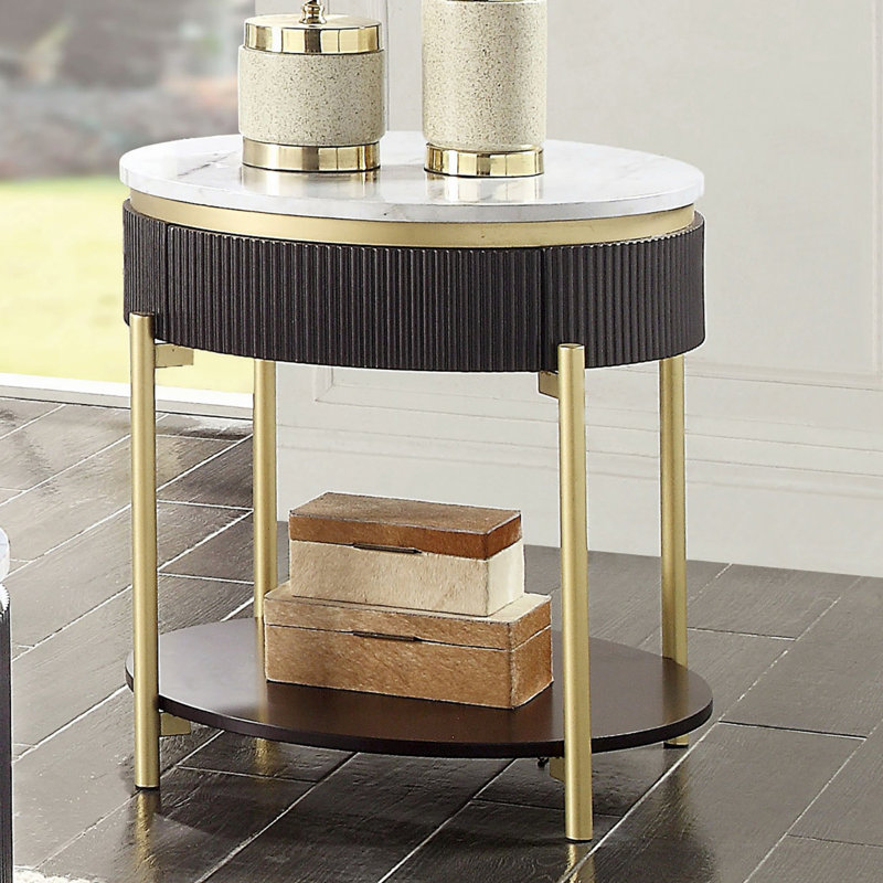 Superbe table de bout 1 pièce avec finition noyer foncé et plateau en faux marbre blanc