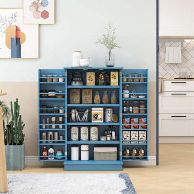 41" Kitchen Storage, 12 Door Shelves, 5 Adjustable Shelving, Blue Cabinet For Organized , Blue, Enhances Storage And Usability