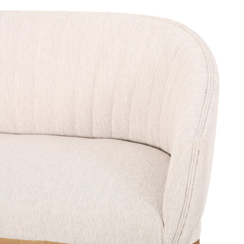 Beige avec surpiqûres en canaux et pieds en bois d'hévéa brun, look Mid-Century moderne, tissu d'assemblage, coutures, requis