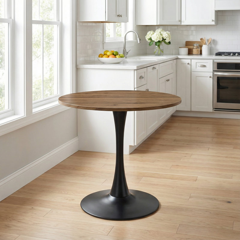 Contemporary Round Pedestal Dining Table with Solid Metal Base and Durable Engineered Wood Top for Compact Spaces, Walnut