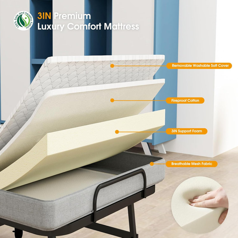 Folding Bed With Mattress, Portable Fold Up Bed For Adults, Space Saving Foldable Single Guest Bed On Wheels, 6Cm Thick Memory Foam Mattress And Metal Frame