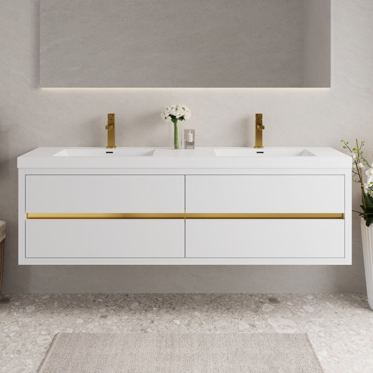 72" Wall-Mounted Bathroom Vanity Floating Double Sink Vanity with Stone Resin Top and Basin, 4 Soft Close Drawers