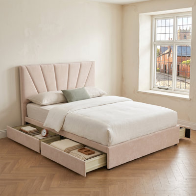 Modern Mid-Century Full Linen Upholstered Platform Bed with 4 rolling Storage Drawers and Fan Channel Tufted Headboard, Beige