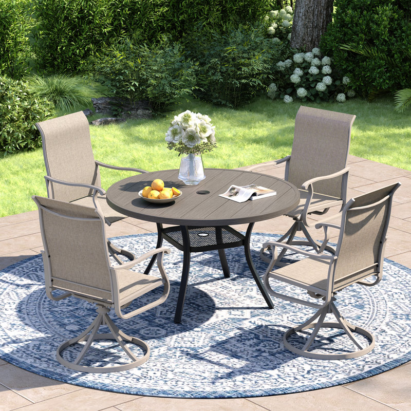 4-Person Patio Dining Set with Round Metal Dining Table and 4 PVC-coated polyester Swivel  Chairs, Brush Wood Gray/Cream