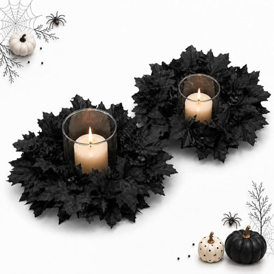 Black Maple Candle Ring Wreaths, Set of 2 Gothic Silk Floral Candle Rings, Decorative Centerpiece Accents for Pillar & LED Candles, Halloween, Fall, Party & Seasonal Table Decor