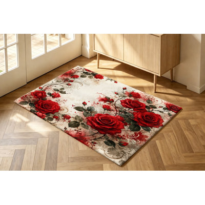 Vintage Style Machine Washable Area Rug with Non‑Slip Backing, Red Rose Floral Pattern Floor Carpet, Cozy Indoor Home Decor for Living Room, Bedroom, Entryway, Front Door, Kitchen, Balcony, Apartment