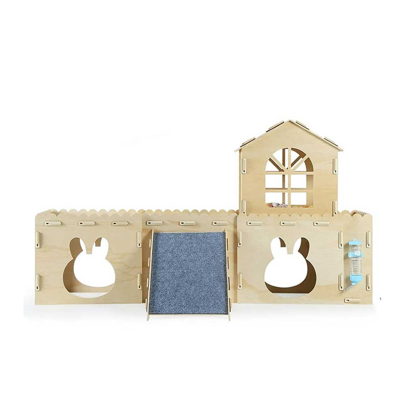 Clapier/abri pour lapins avec rampe, maison d'intérieur/enclos château avec fenêtres et balcon pour petits animaux (cochon indien, hamster, chinchilla, écureuil).