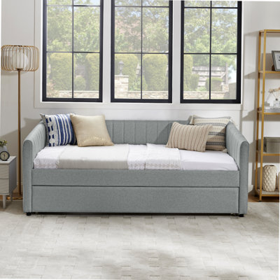 Lit de jour rembourré confortable avec lit gigogne, idéal pour la détente et l'espace de couchage supplémentaire, avec tissu en lin et rayures verticales