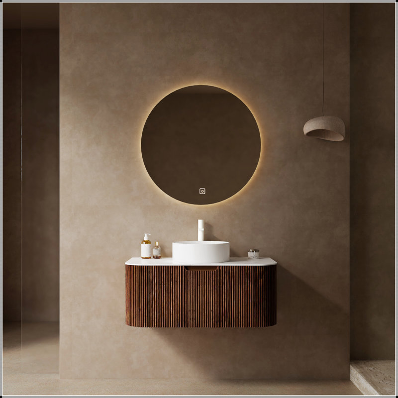 Meuble-lavabo de salle de bain avec lavabo, armoire de rangement de salle de bain moderne à bords arrondis et courbes avec tiroir, lavabo en céramique blanc rond sans robinet, pré-assemblé, noyer foncé