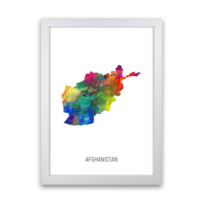Afghanistan Watercolour Map by Michael Tompsett - Print, White Framed, 63cm H x 46cm W x 3cm D