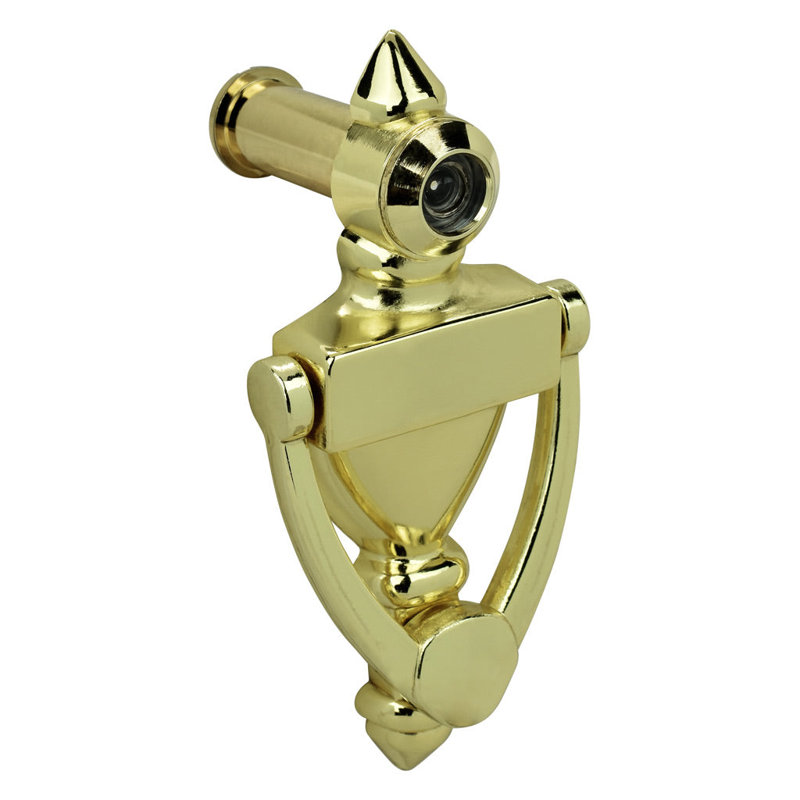 High Door Knocker W/220 Degree Viewer, 4" H x 1.75" W x 0.63" D, Polished Brass