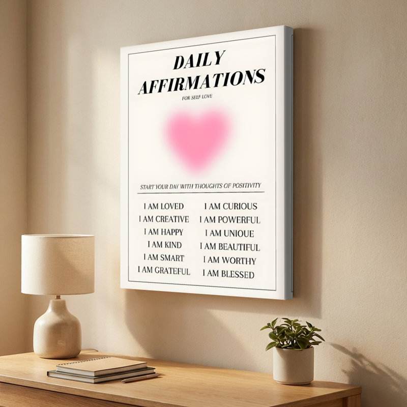 "Daily affirmations: Heart and positive citations", art numérique minimaliste. Peinture moderne, galerie profonde de 1 po, 24 po x 36 po