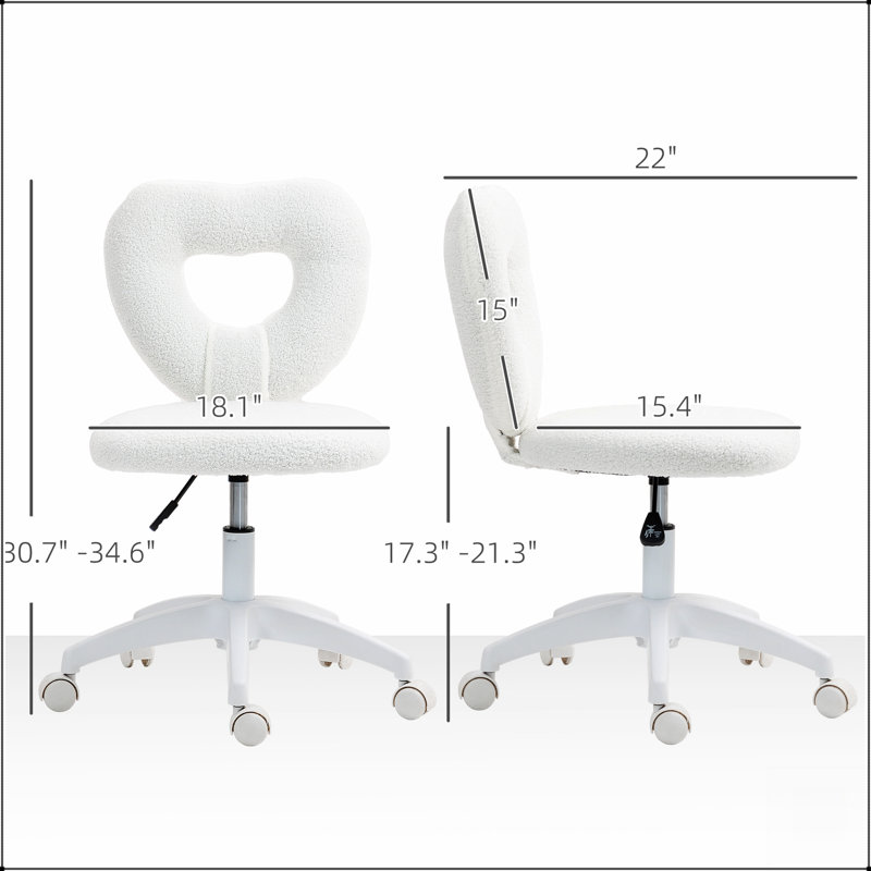 Chaise de bureau élégante en forme de cœur avec roulettes pivotantes, revêtement en molleton en molleton pour un confort optimal et un bon maintien de la posture.