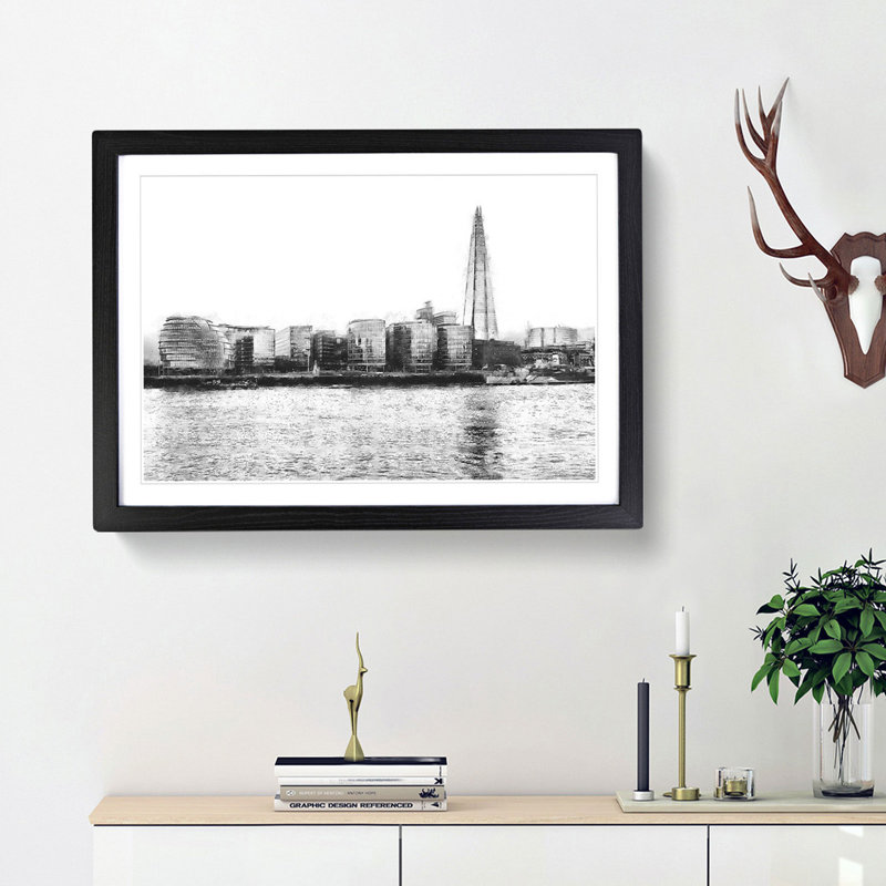 The Shard and London Skyline - Picture Frame Painting Print, 62cm H x 87cm W x 2cm D, Black Framed