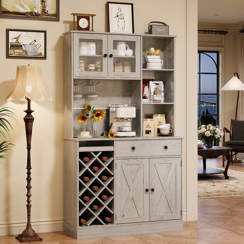 Coffee Bar Cabinet with Power Outlet & Exquisite Barn Doors, Sideboard Buffet Cabinet with Wine Bottle Rack, Storage Cabinet for Kitchen, Dining Room