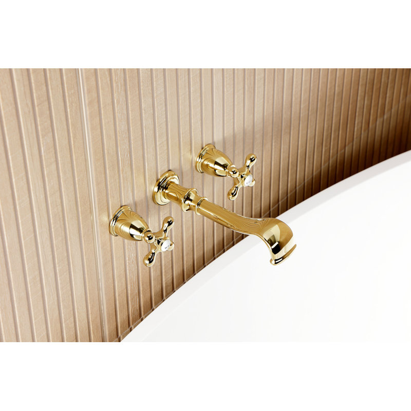 Kingston Brass Two-Handle 3-Hole Wall Mount Roman Tub Faucet, Polished Brass, Cross