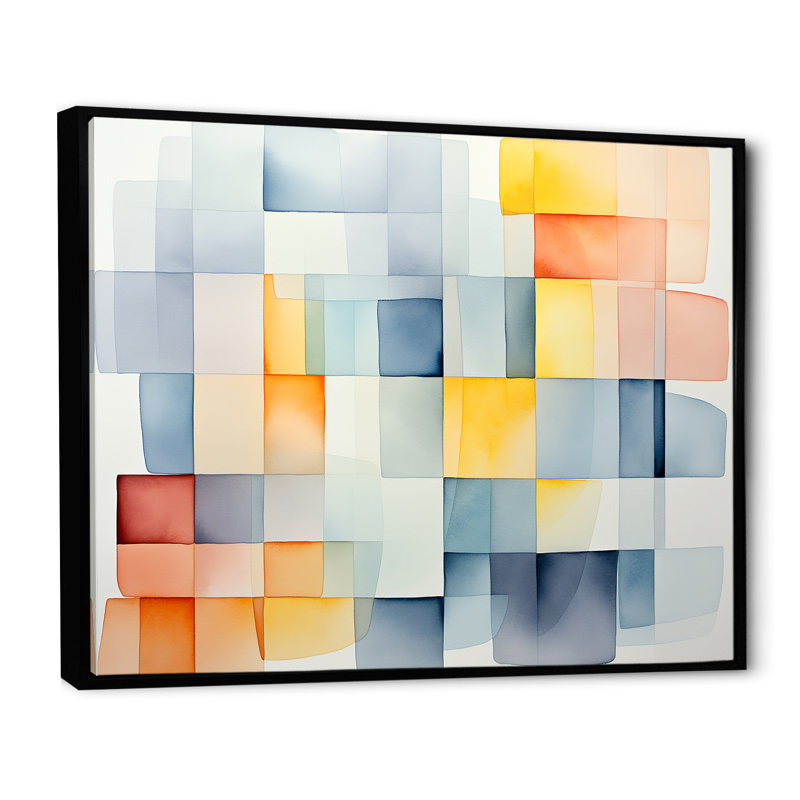 Motif de cubes multicolores V - art mural géométrique, H 34 po x l 44 po x P 1,5 po, Cadre flottant noir