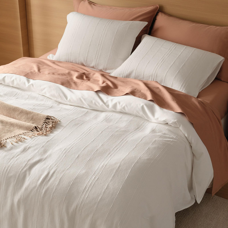 Double Stitch Striped Textured Duvet Cover Set, King Duvet Cover + 2 Shams, Textured Sandstone