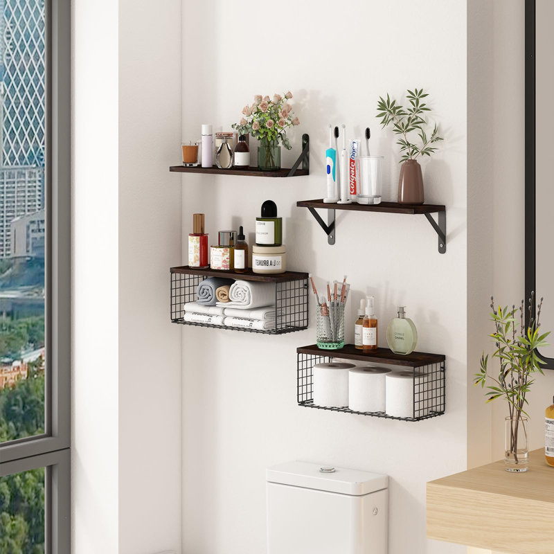 Rustic Wall Shelf Set With 2 Metal Baskets - Versatile 4-Tier Storage For Any Room, Walnut