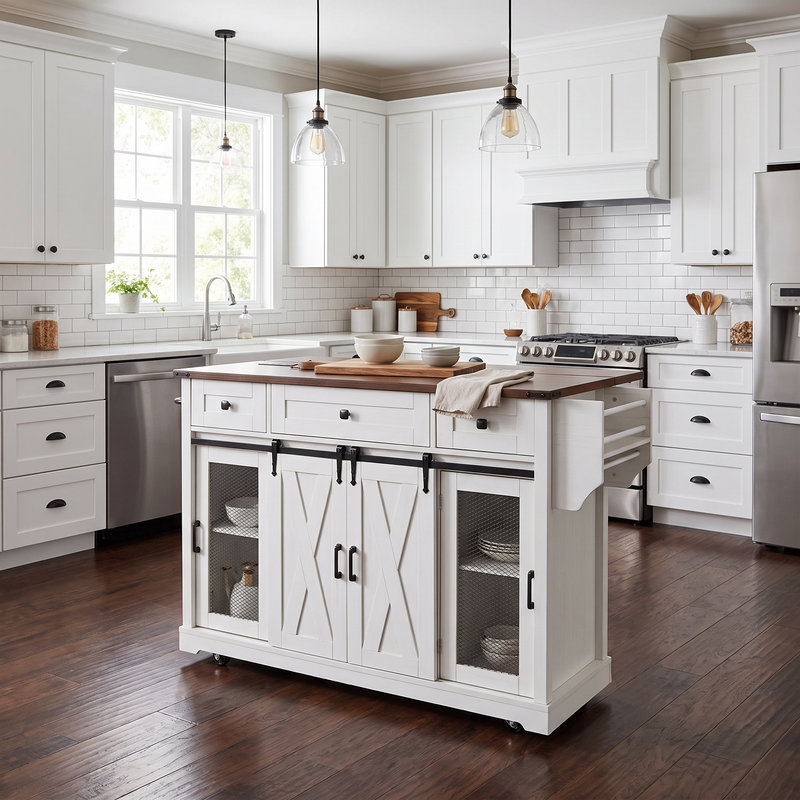 Îlot de cuisine roulant de style ferme de 147 cm (58 po) avec rangement, porte coulissante de style grange et panneau latéral en métal ajouré, 5 roulettes, étagère à épices et porte-verres, table d'îlot rabattable pour la cuisine, blanc