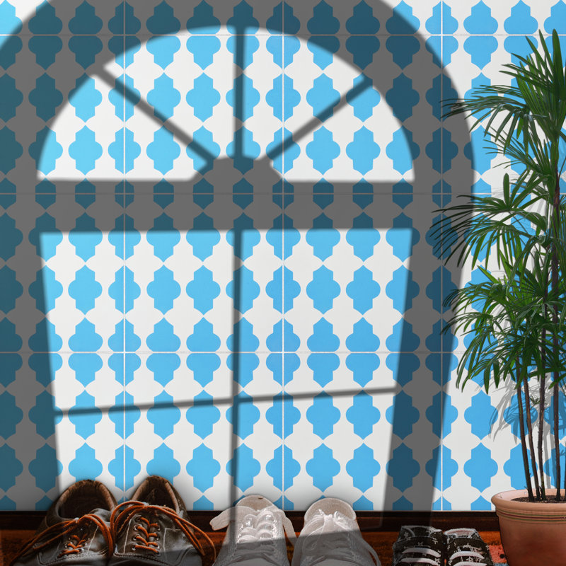 Tafraout 8" x 8" Cement Patterned Wall & Floor Tile, Blue/White