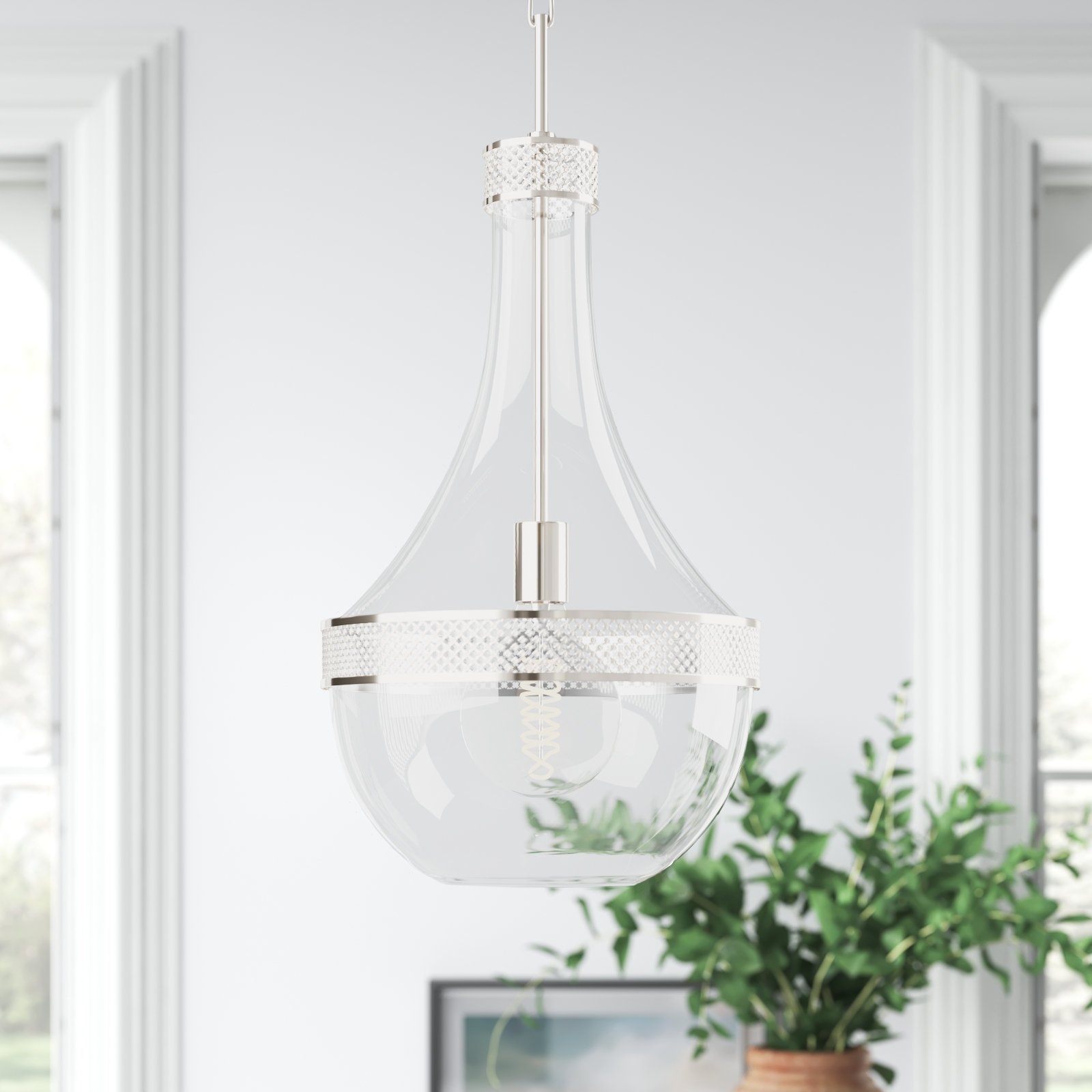 Twain Single Light Pendant, Polished Nickel, 23" H x 10.75" W x 10.75" D