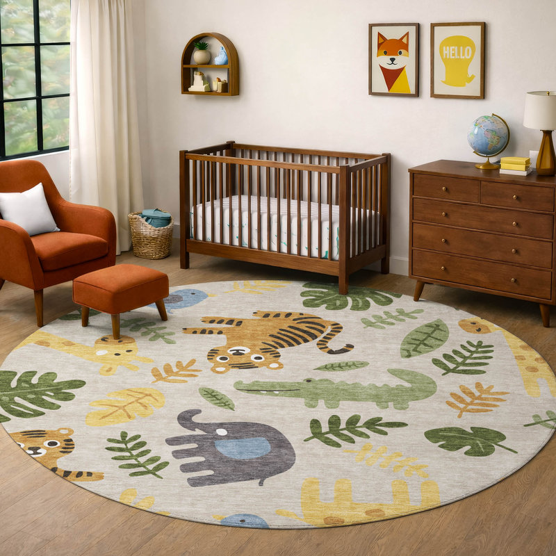 Tapis intérieur / extérieur lavable à la machine pour enfants ACN2578, Beige, Rond 8 pi