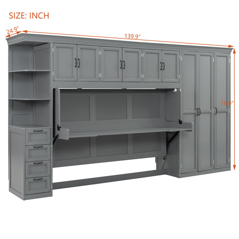 Lit escamotable simple avec garde-robe, armoire et bureau, lit escamotable pliable peu encombrant, gris, gris