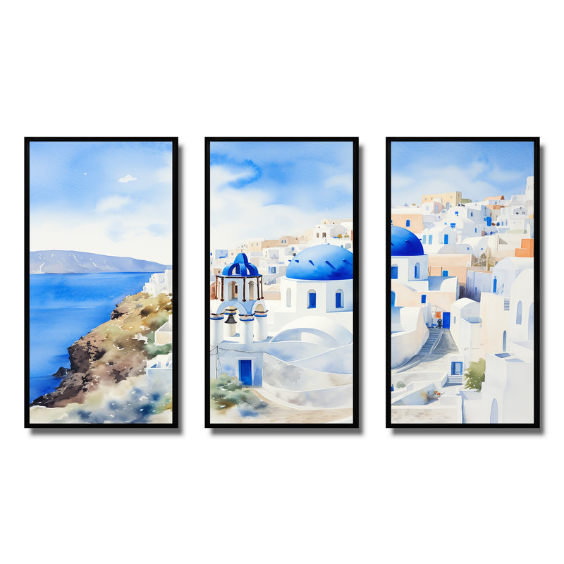 Grèce, Santorin, paysage IV - Grèce, art mural, H 28 po x l 36 po, Cadre flottant noir