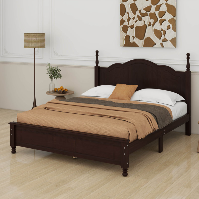 Cadre de lit plateforme en bois, lit plateforme de style rétro avec support de lattes en bois, Lit double, Noyer foncé