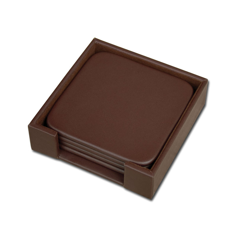 Chocolate Brown Leatherette Square Coaster Set with Holder