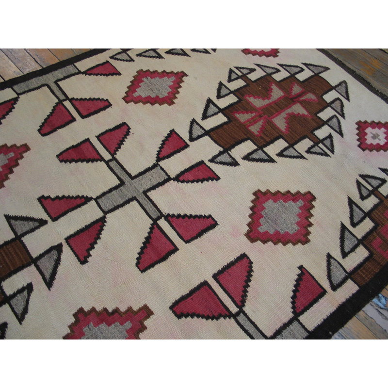 Antique Native American Tribal Geometric Patterned Flat Weave Navajo Area Rug